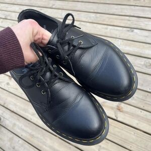 Dr. Martens Black Leather Oxfords with Yellow Stitching